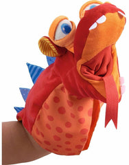 HABA Eat It Up Dragon glove puppet belly bag close-up showing feeding feature.