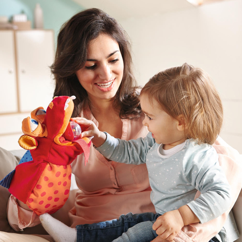 HABA Eat It Up Dragon glove puppet mouth action engages kids during storytelling.