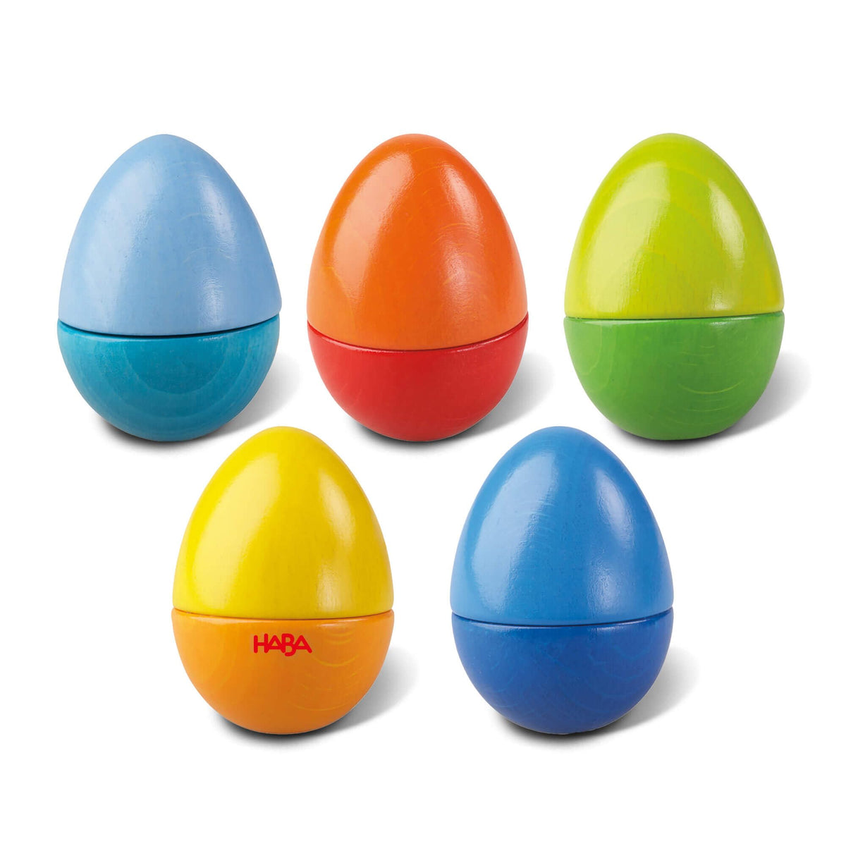 HABA Fun with Sounds Wooden Eggs show five colorful eggs for sound exploration