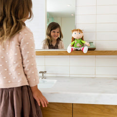 HABA Hedda grey skirt and sewn on pink shoes stay put during play