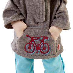 HABA Lian's grey hoodie with bicycle logo inspires dress-up stories.