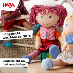 HABA Lilli-Lou blue eyes and embroidered face inspire nurturing role play.