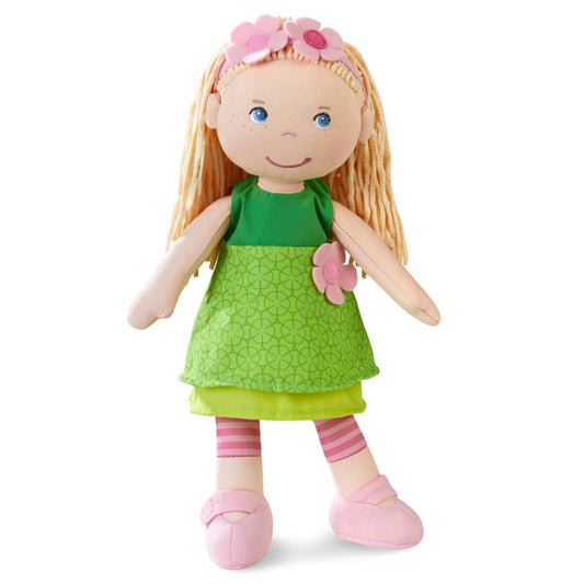 HABA Mali 12-inch doll with blonde hair and blue eyes, ready for imaginative play and cuddles.