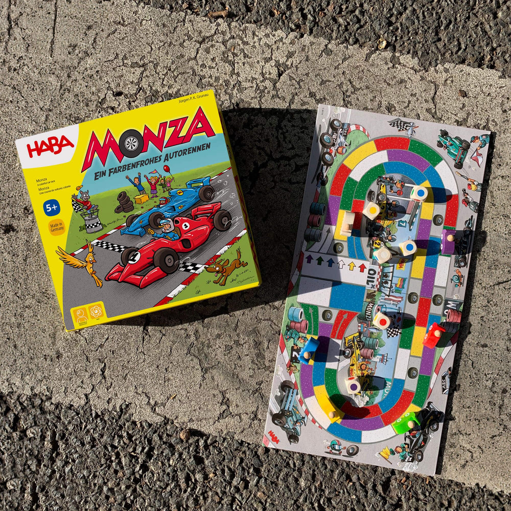 HABA Monza game board shows the track for engaging mini races