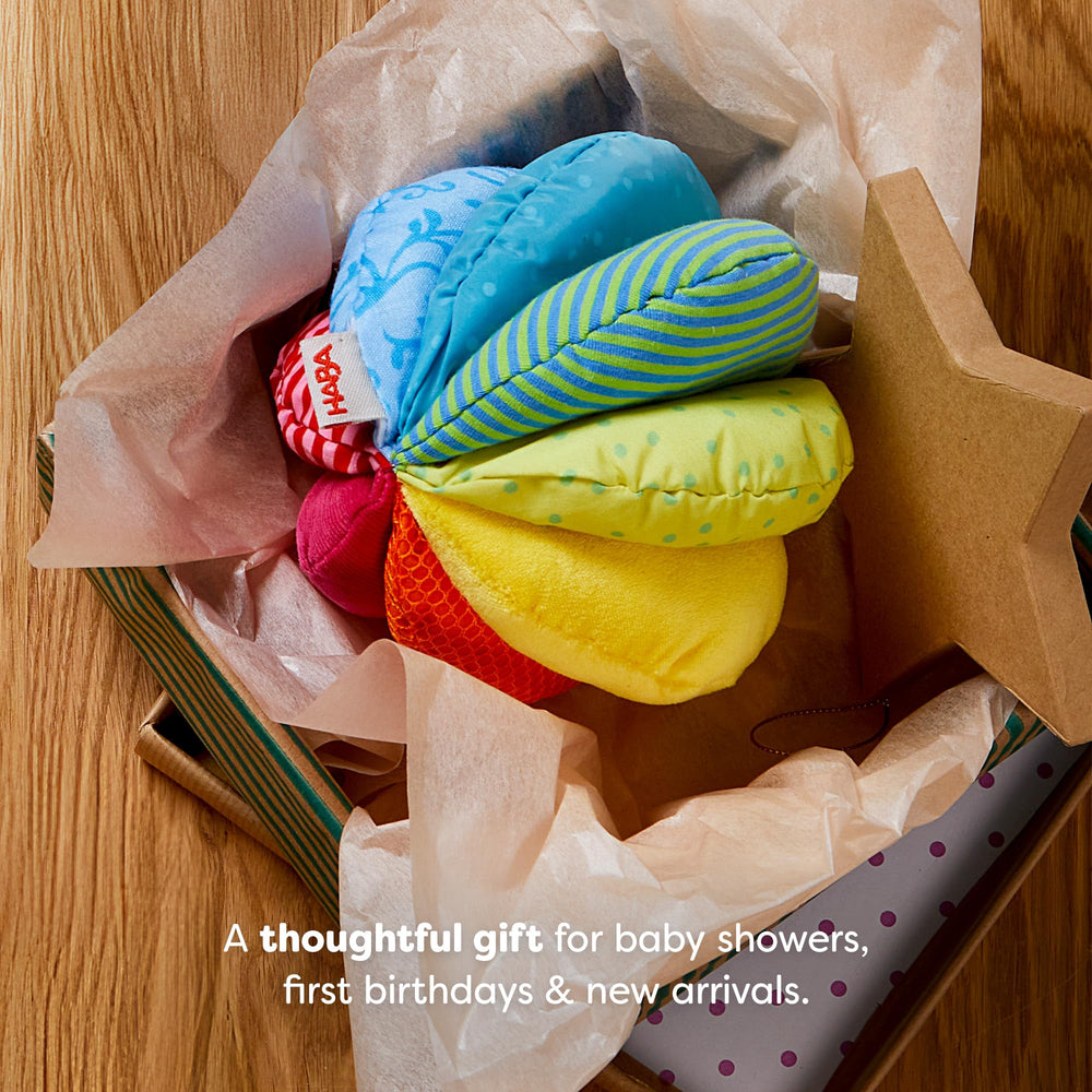 HABA Rainbow Baby Ball machine-washable design keeps cleanup quick and easy.