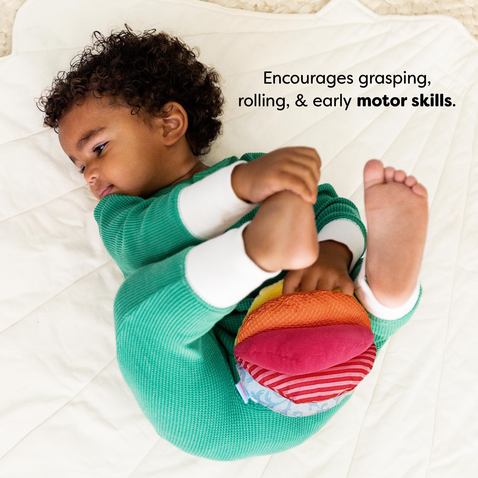 HABA Rainbow Baby Ball teething-friendly surface supports soothing gums during play.