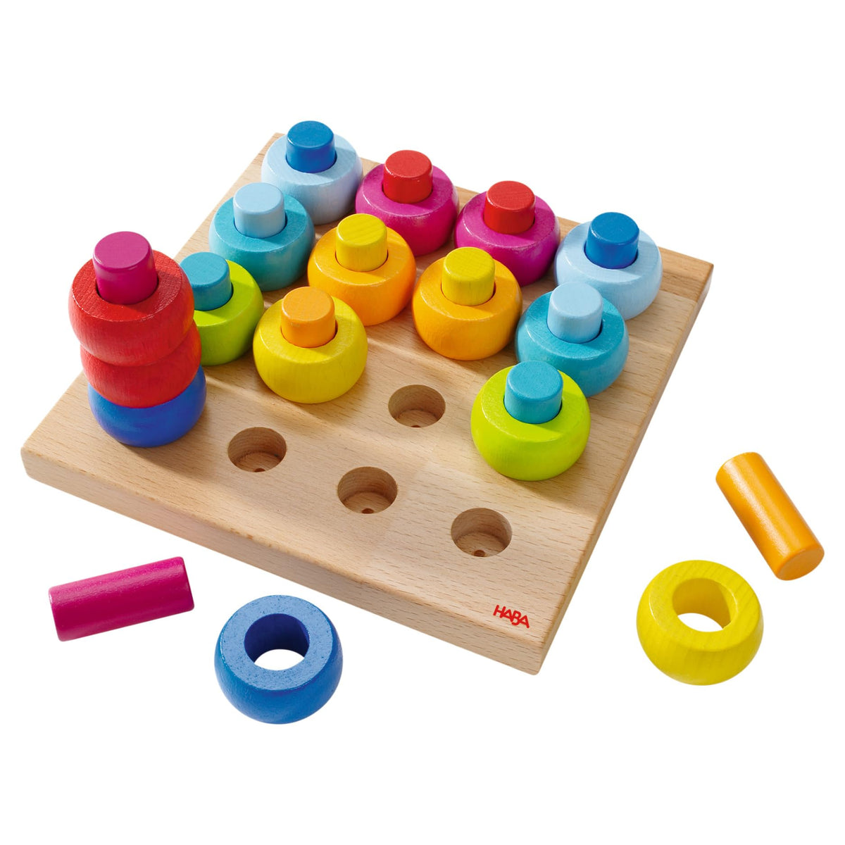 HABA Rainbow Whirls pegboard close-up; supports precision hand-eye coordination during play.