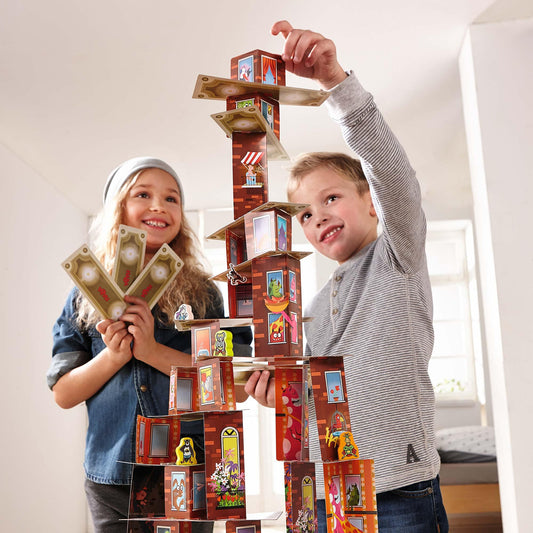 HABA Rhino Hero 3D skyscraper pieces ready to stack