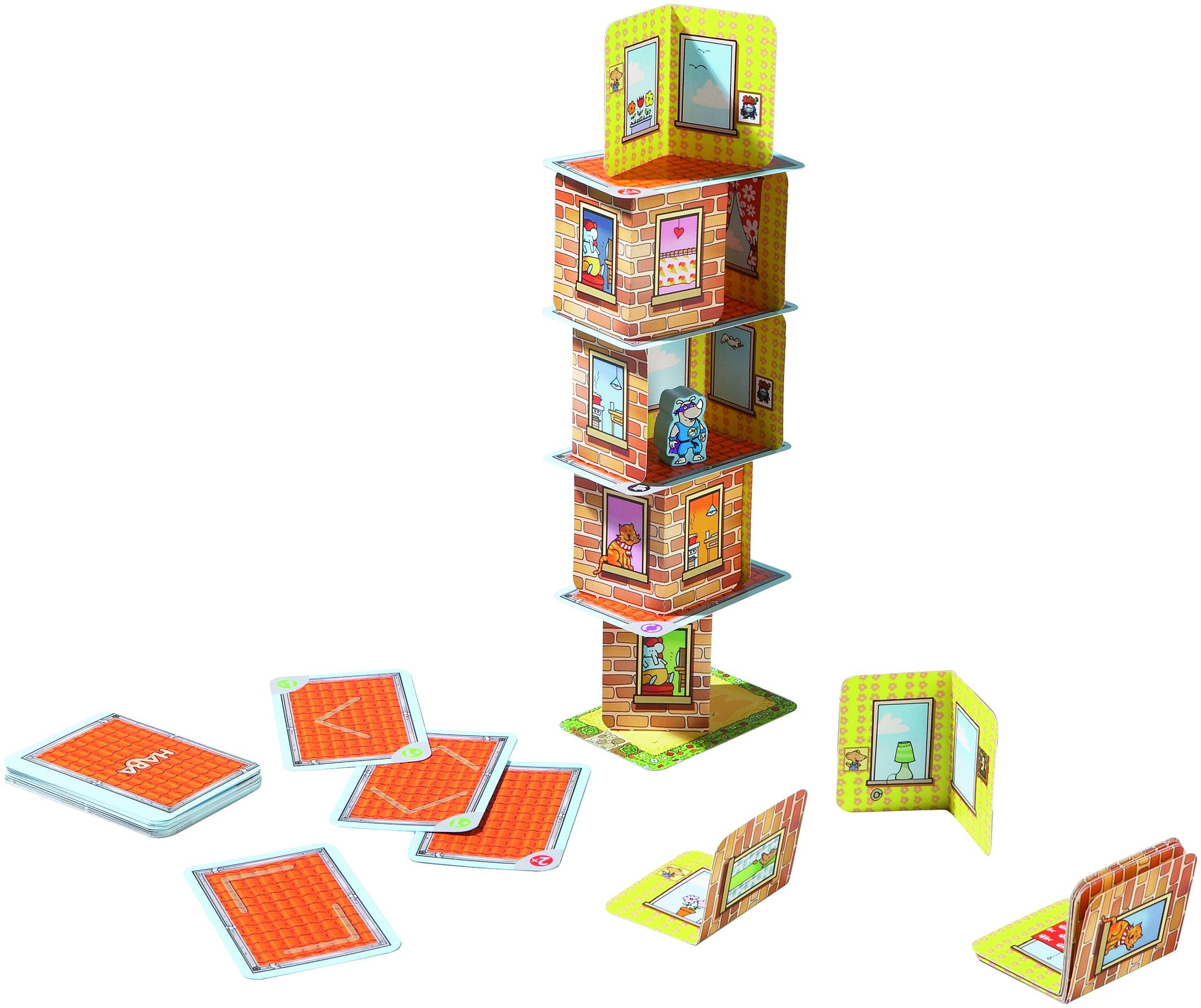 HABA Rhino Hero Build Tower: players balance to create a taller, sturdier structure.