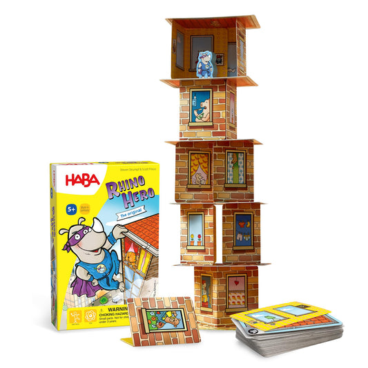 HABA Rhino Hero Tower Top: kids stack cards to form a tall tower with the hero on top.