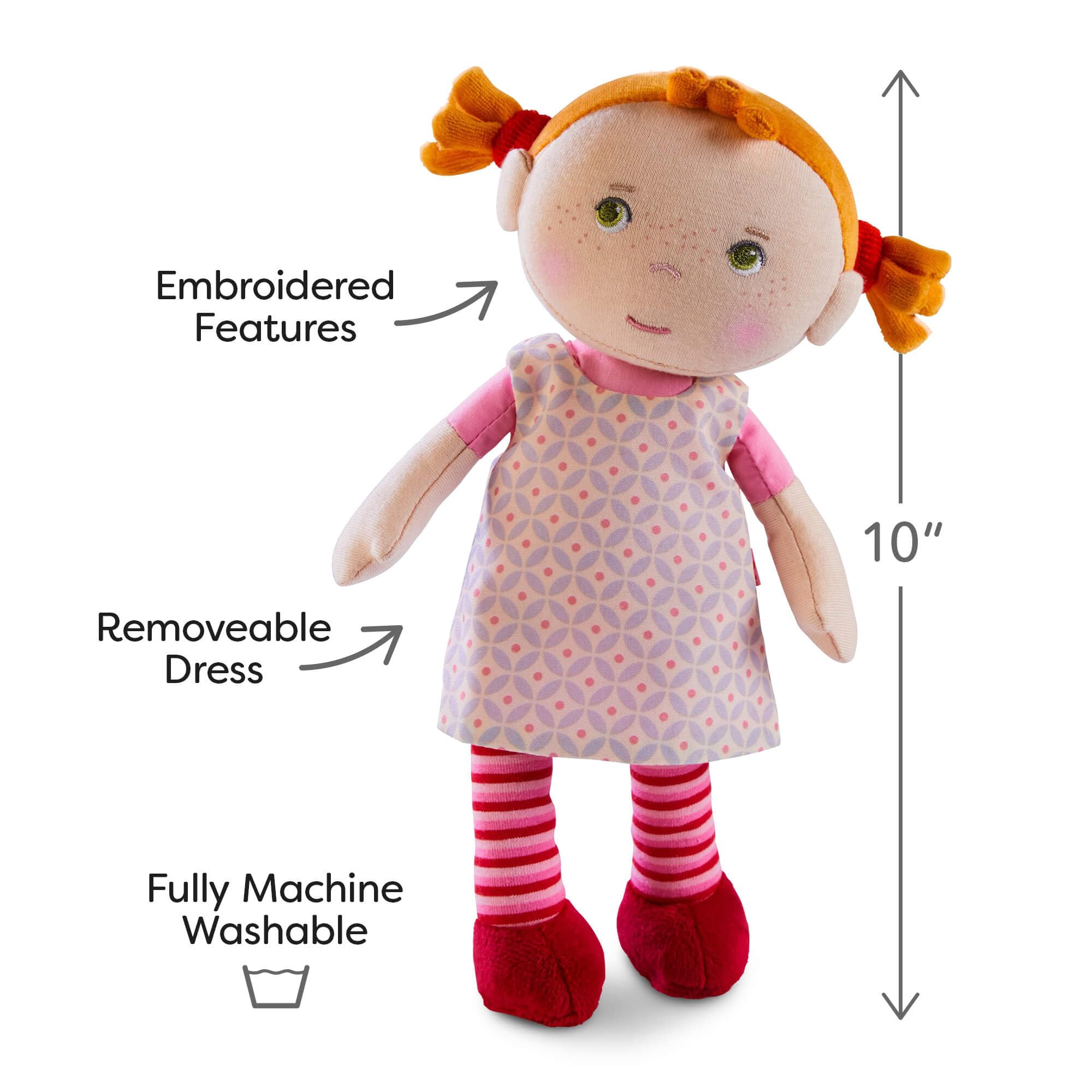HABA Roya washable-dress-tights doll makes cleanup simple after adventures.
