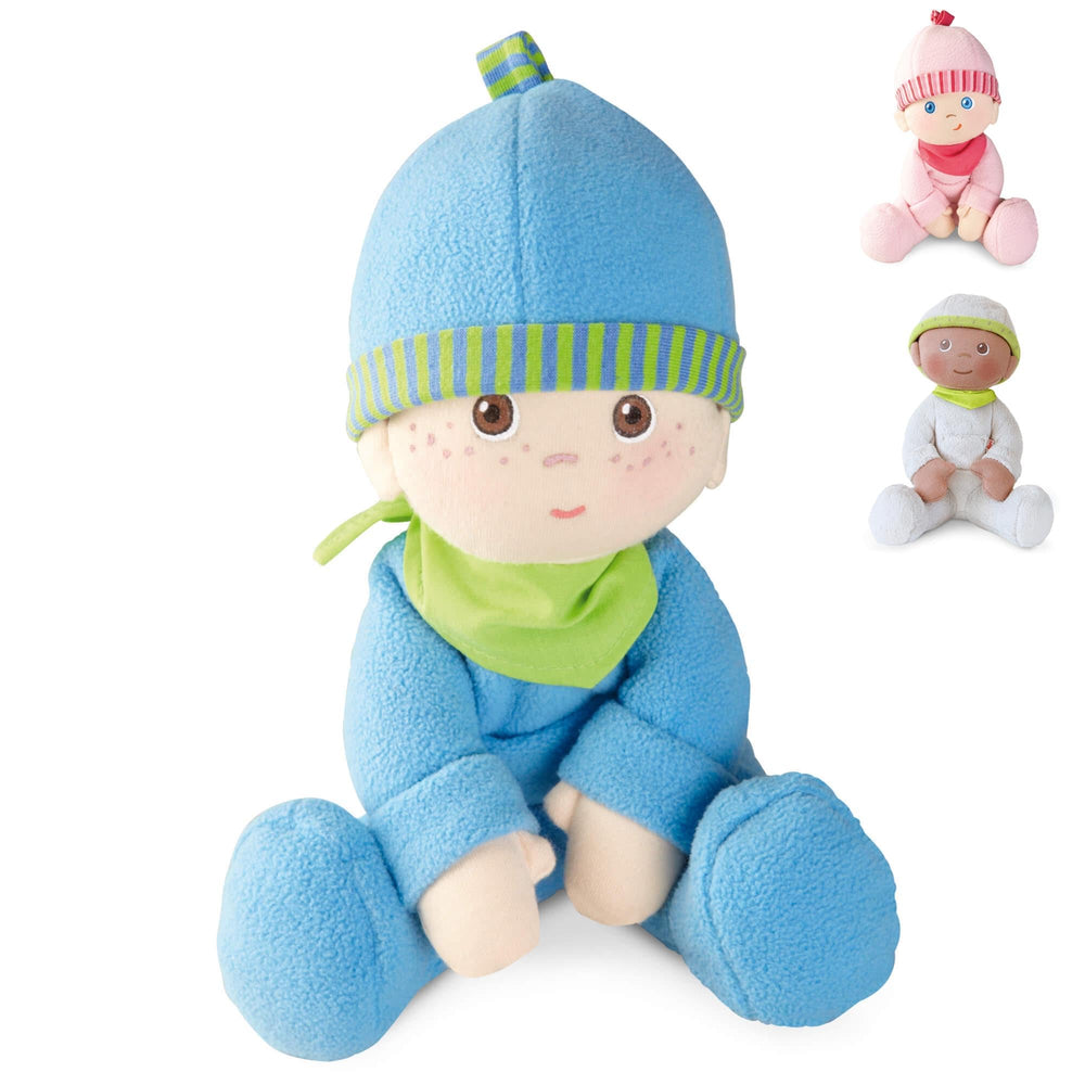 HABA Snug-Up Luis: close-up face shows soft features for gentle newborn cuddles.