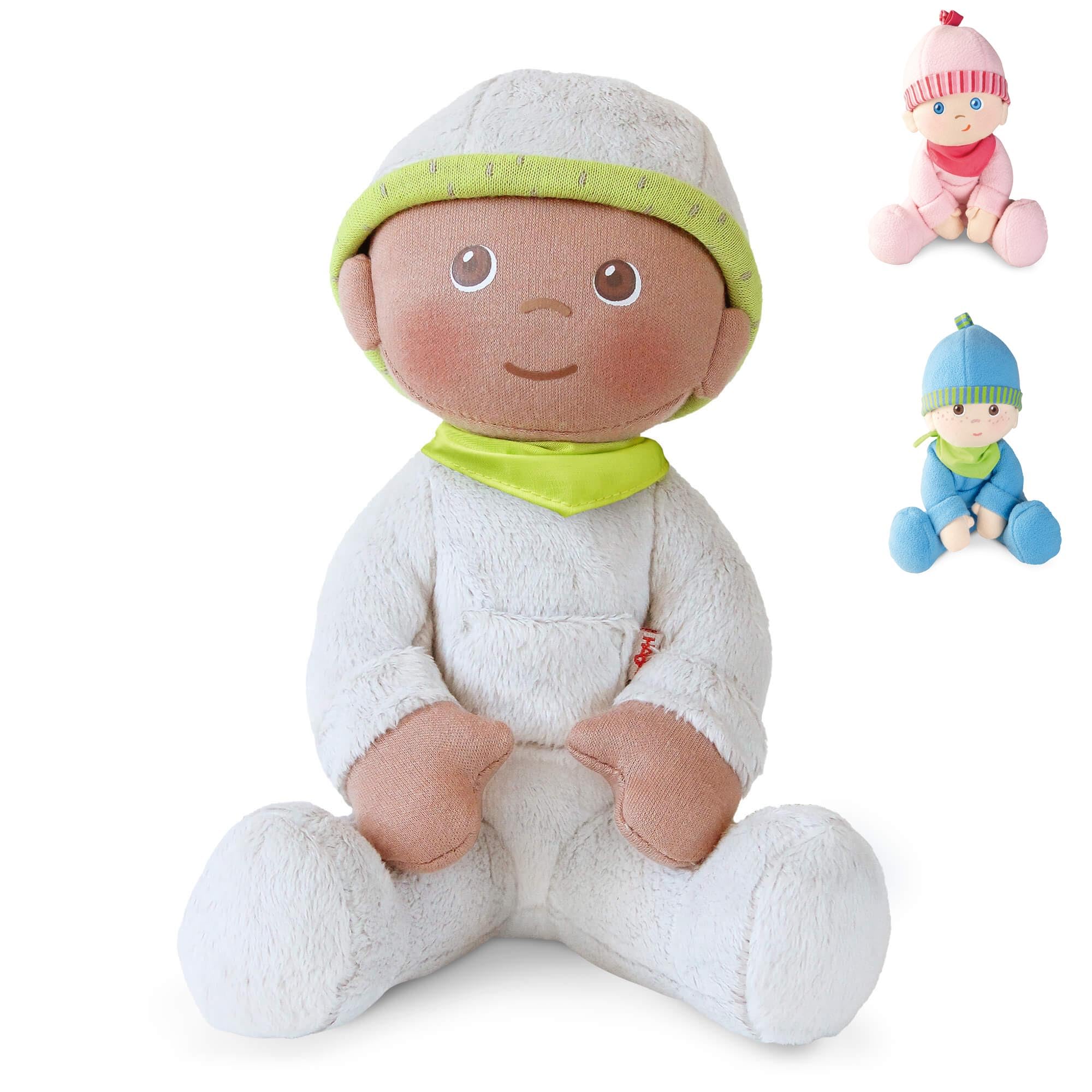 HABA Snug Up Ollie doll face closeup highlights a comforting expression for soothing play