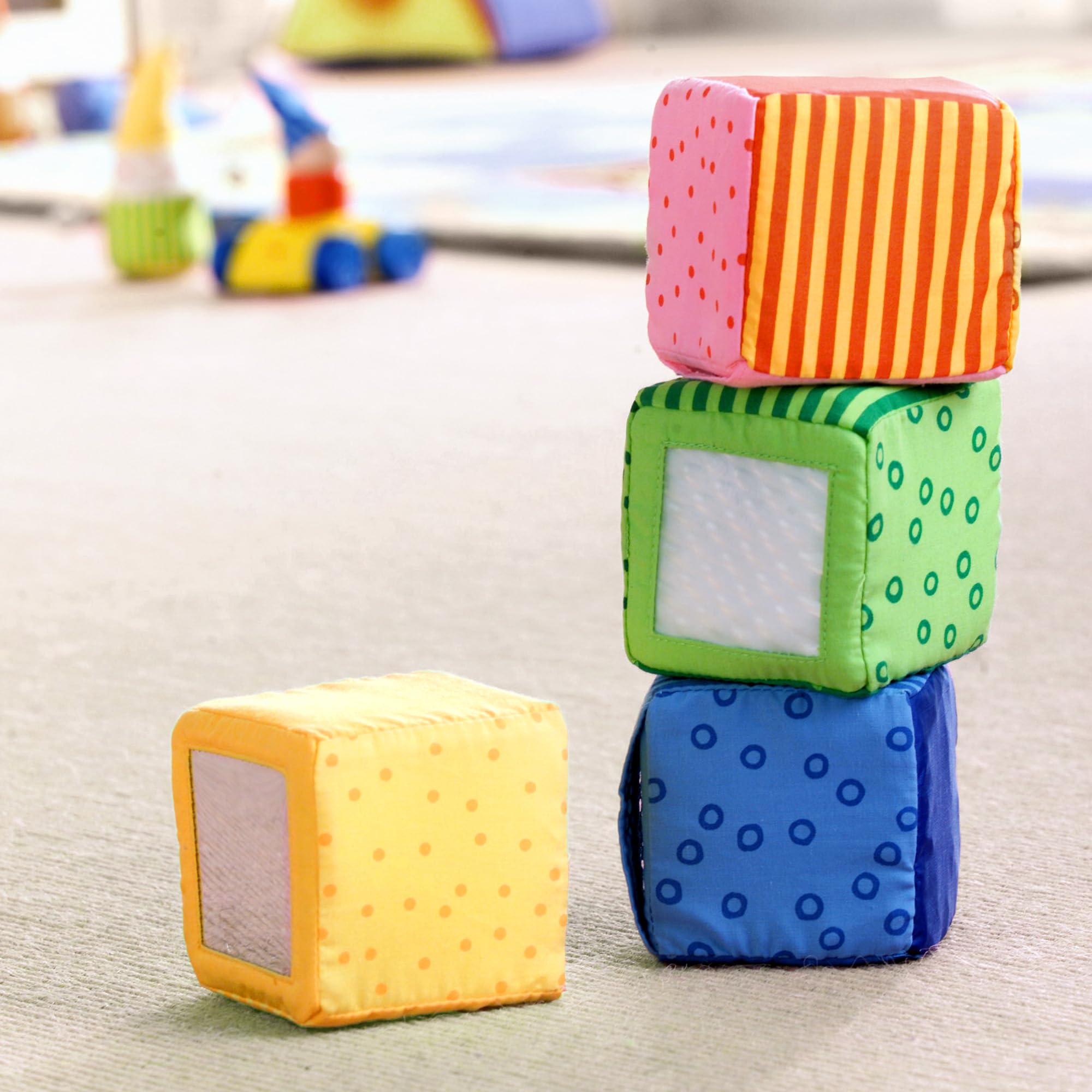 HABA Soft Blocks in bright colors stimulating visual perception during early play.