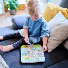 HABA plane-ready toddler activity board for on-the-go learning