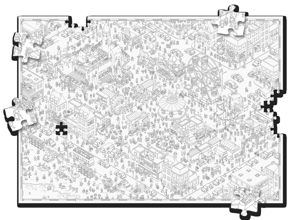 Durable puzzle pieces for repeated play in Hachette MicroMacro Funfair puzzle.
