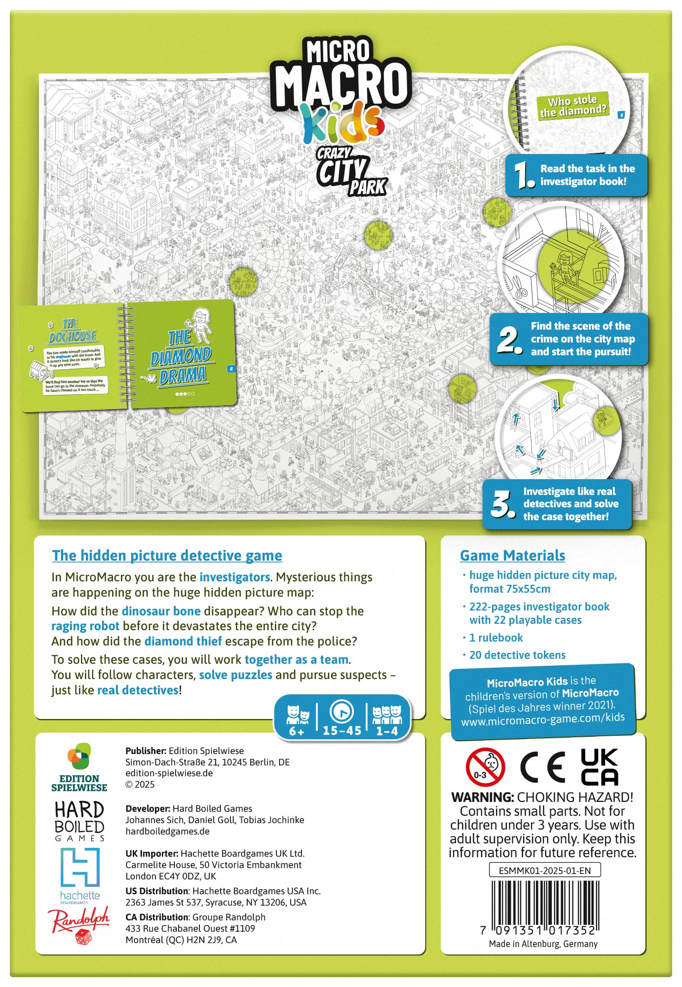 Hachette MicroMacro Kids cooperative icons and clues encourage teamwork during puzzle solving.