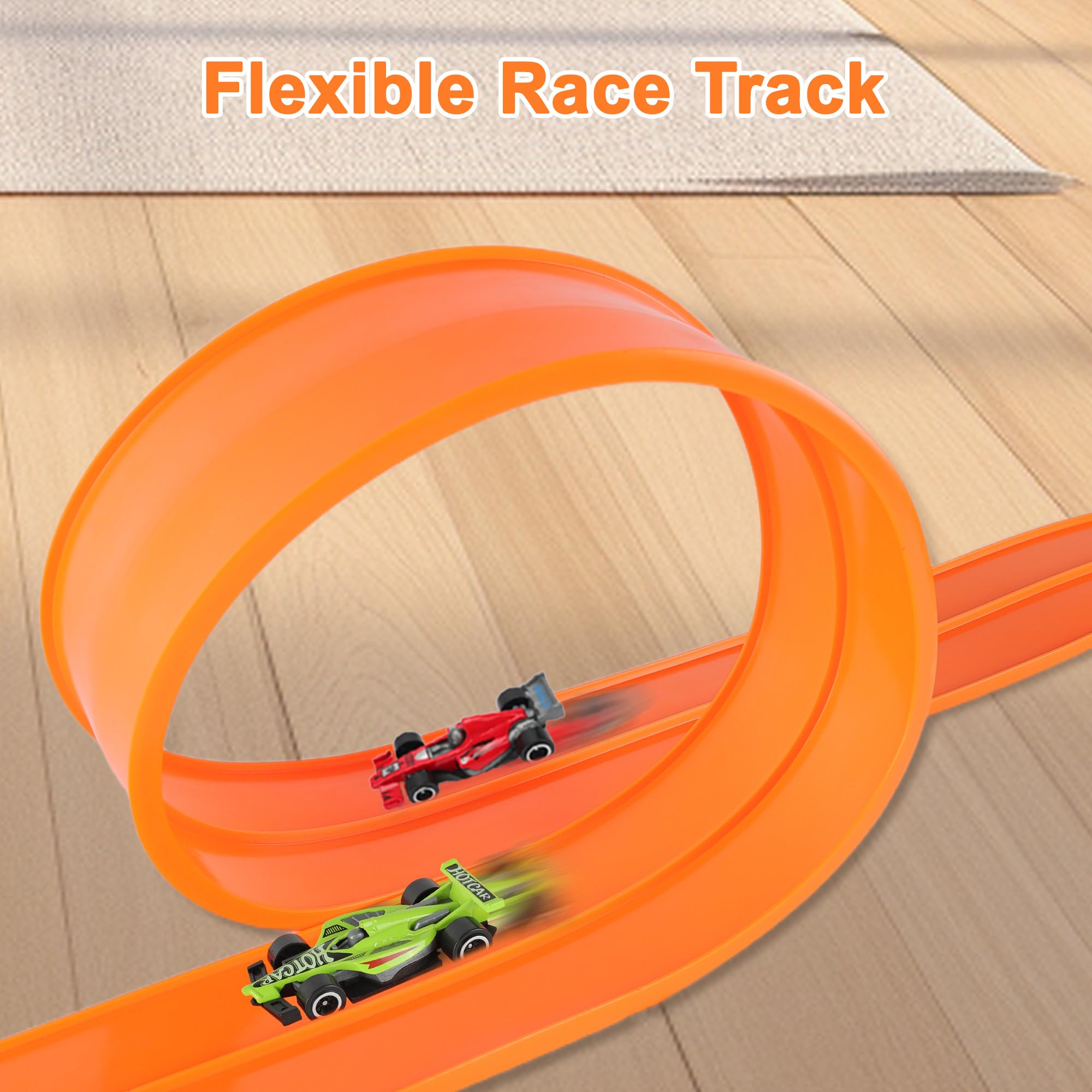 HACOCOLA action shot of kids racing on the track in orange.
