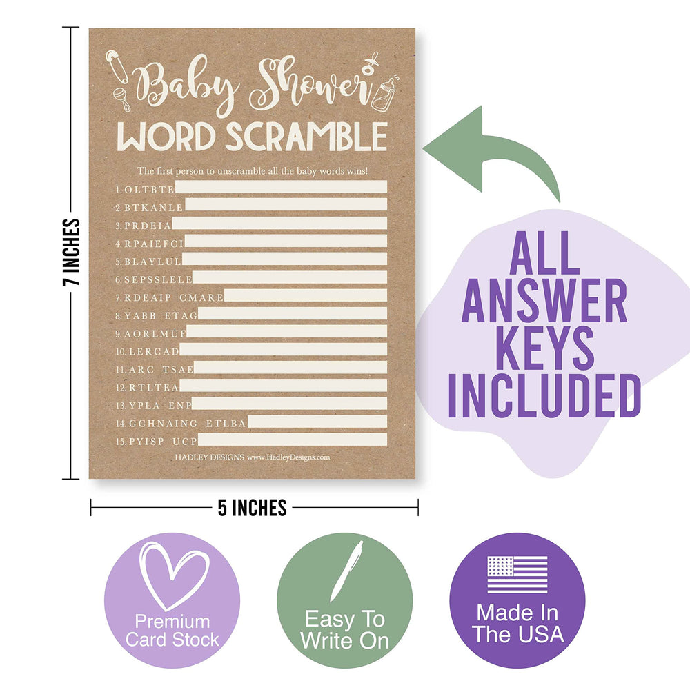 Hadley Designs baby shower games box contains everything you need.