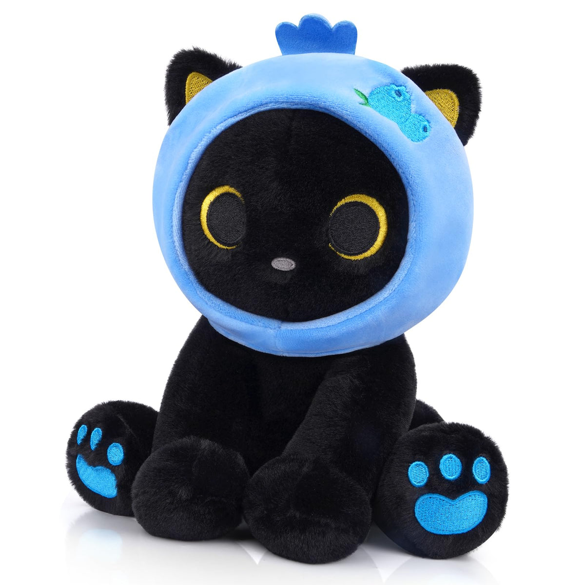 Hagusahuo Black Cat Plush with blueberry headpiece, ideal for bedtime cuddles.