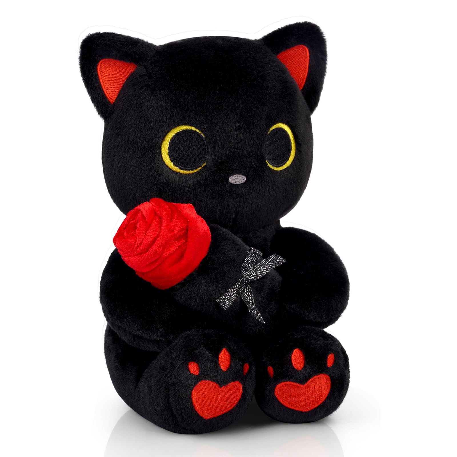 Hagusahuo black cat plush holding a rose, a cozy Valentine gift idea.