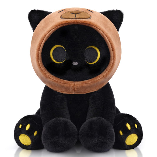 Hagusahuo capybara-cat plush with hood for cozy cuddles.