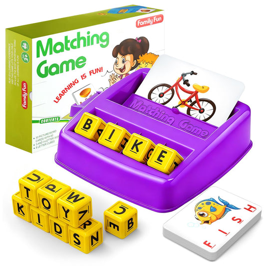 HahaGift matching letter game tray and cubes for early literacy practice.
