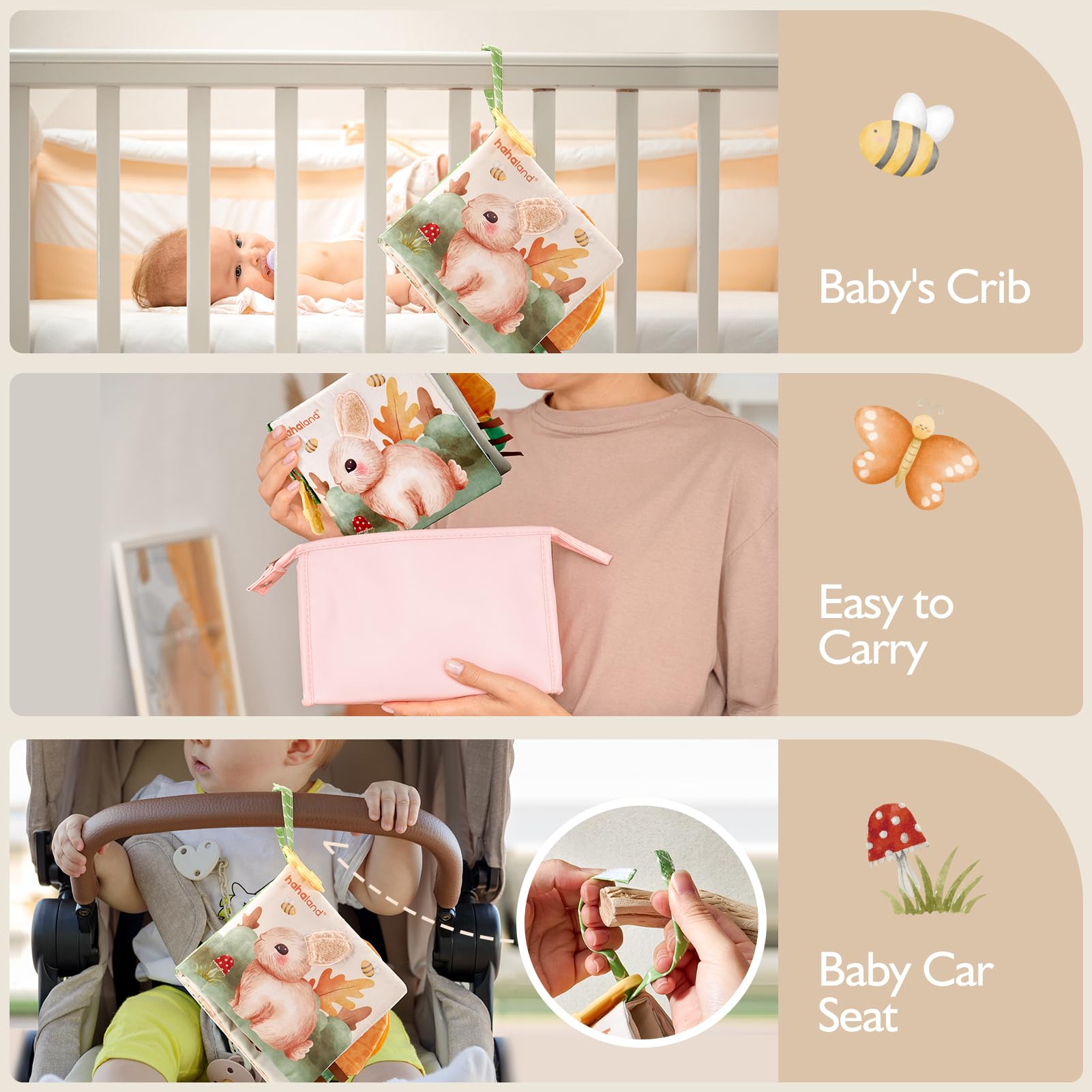 Hahaland stroller-hanging design lets baby books accompany outings and travel