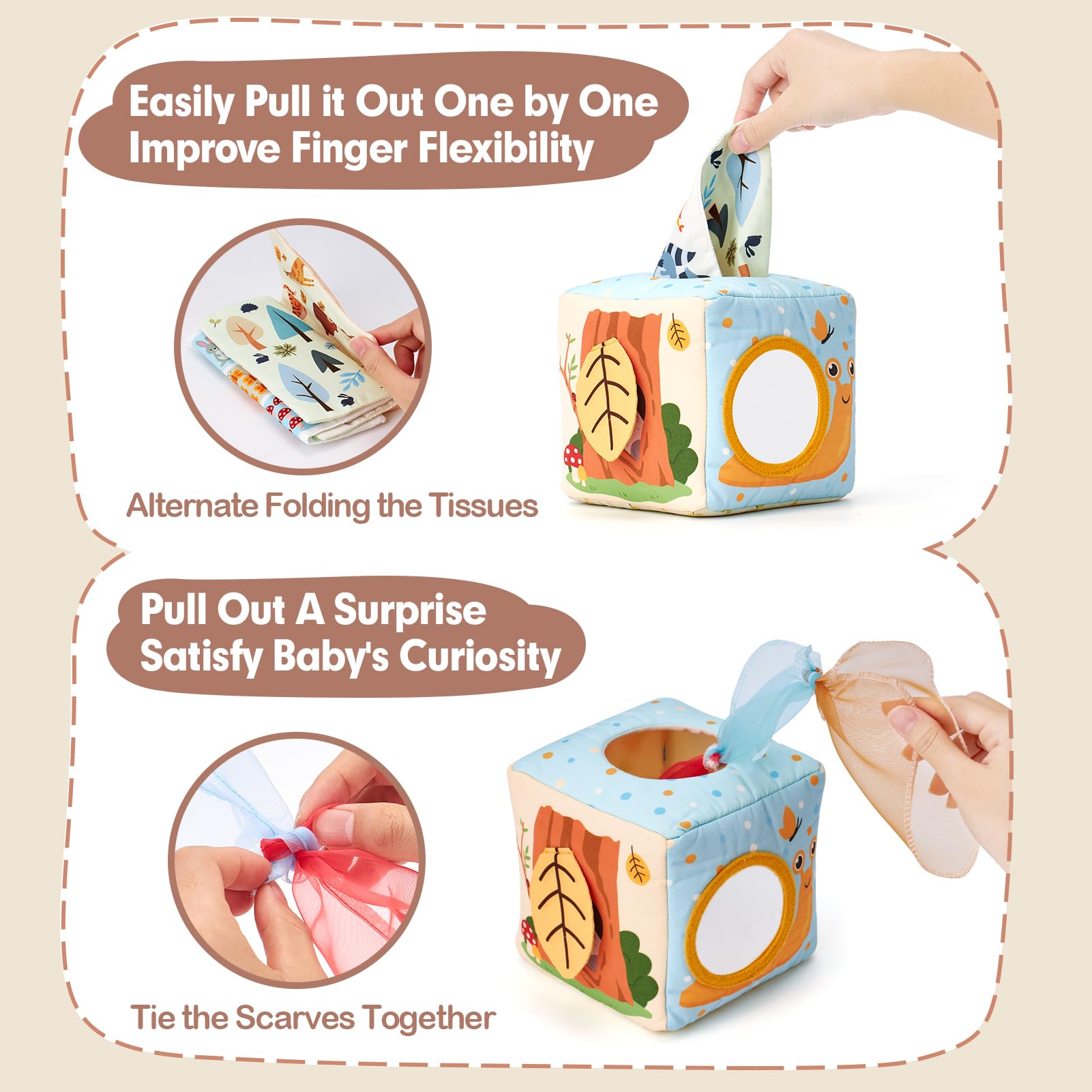 Hahaland baby pulls tissue, promoting fine motor skills during play