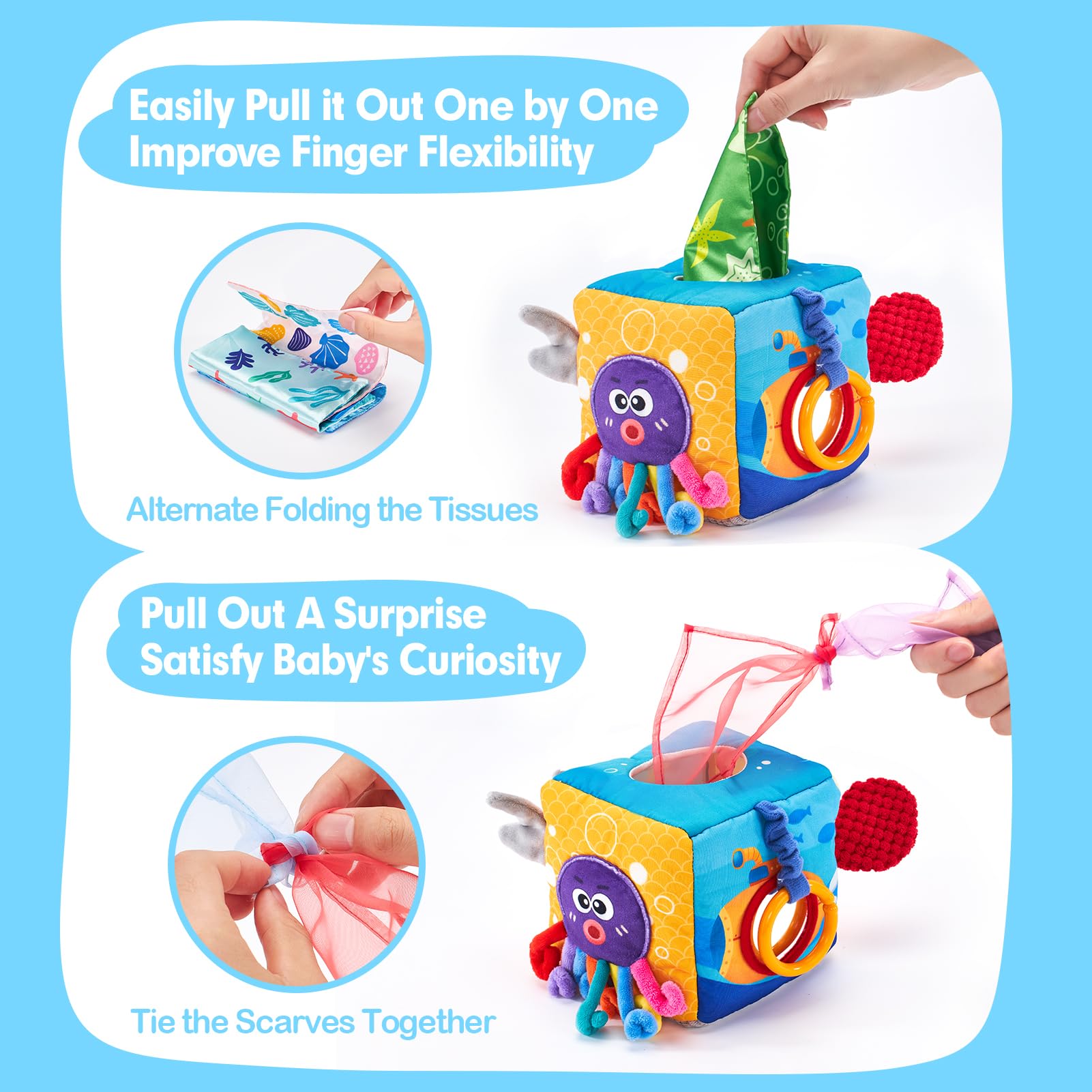 Hahaland crinkle tissues provide audible cues to spark curiosity during play