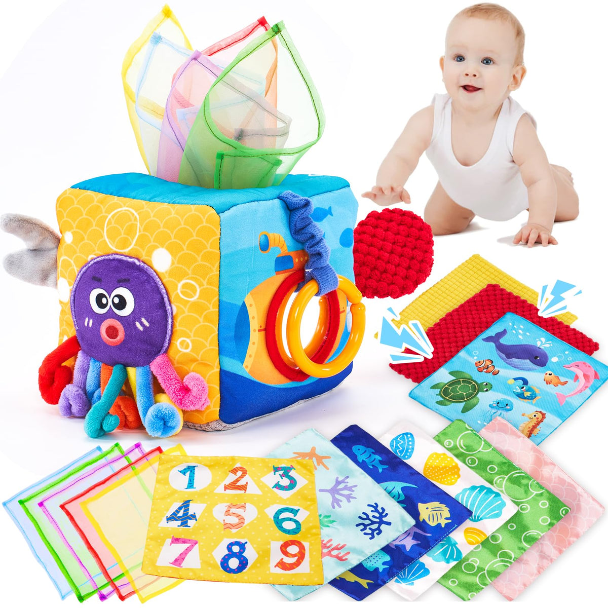 Hahaland Baby Tissue Box Toy with textured tails encourages tactile play and fine motor skills