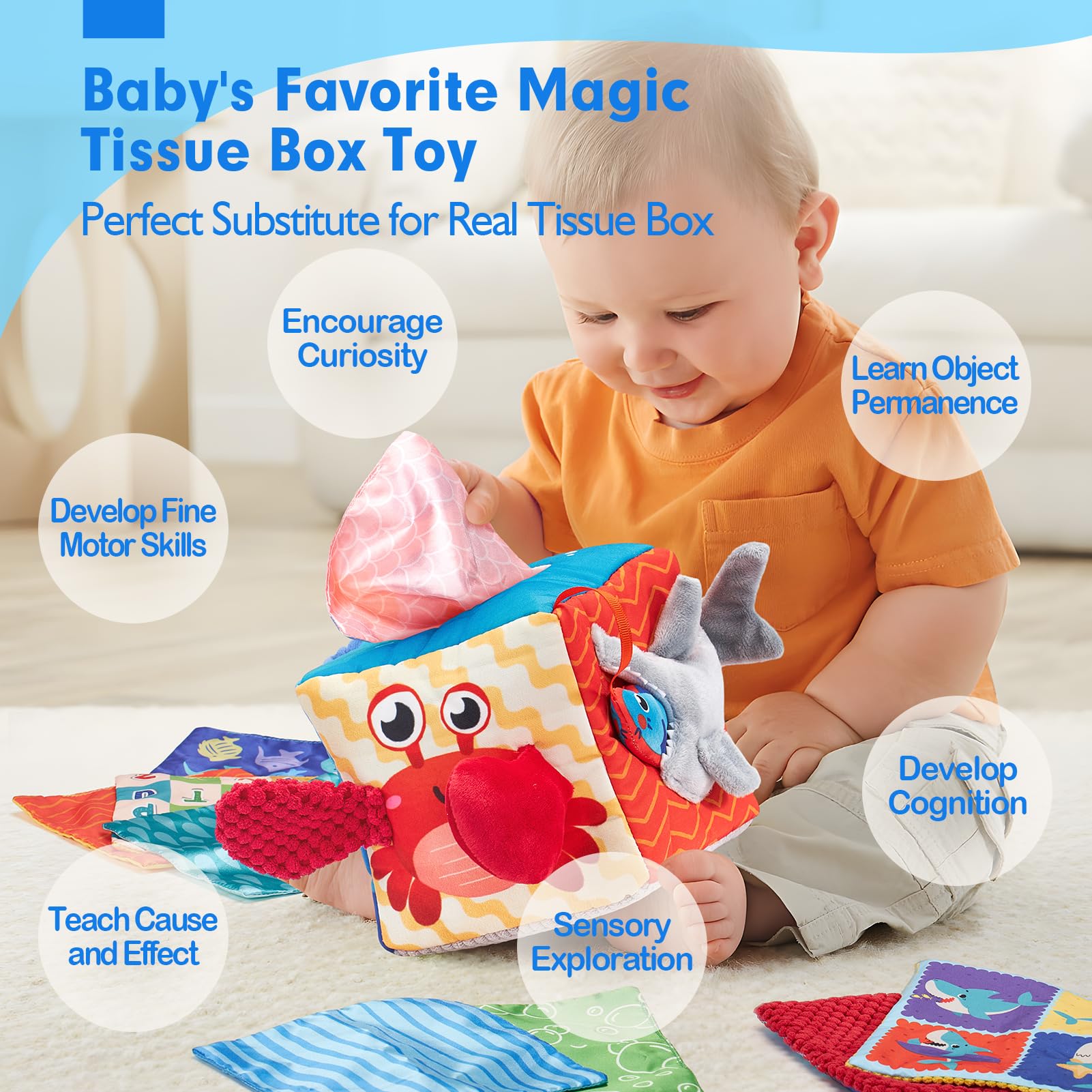 Hahaland tissue box toy shows six textured tissues for rich touch feedback