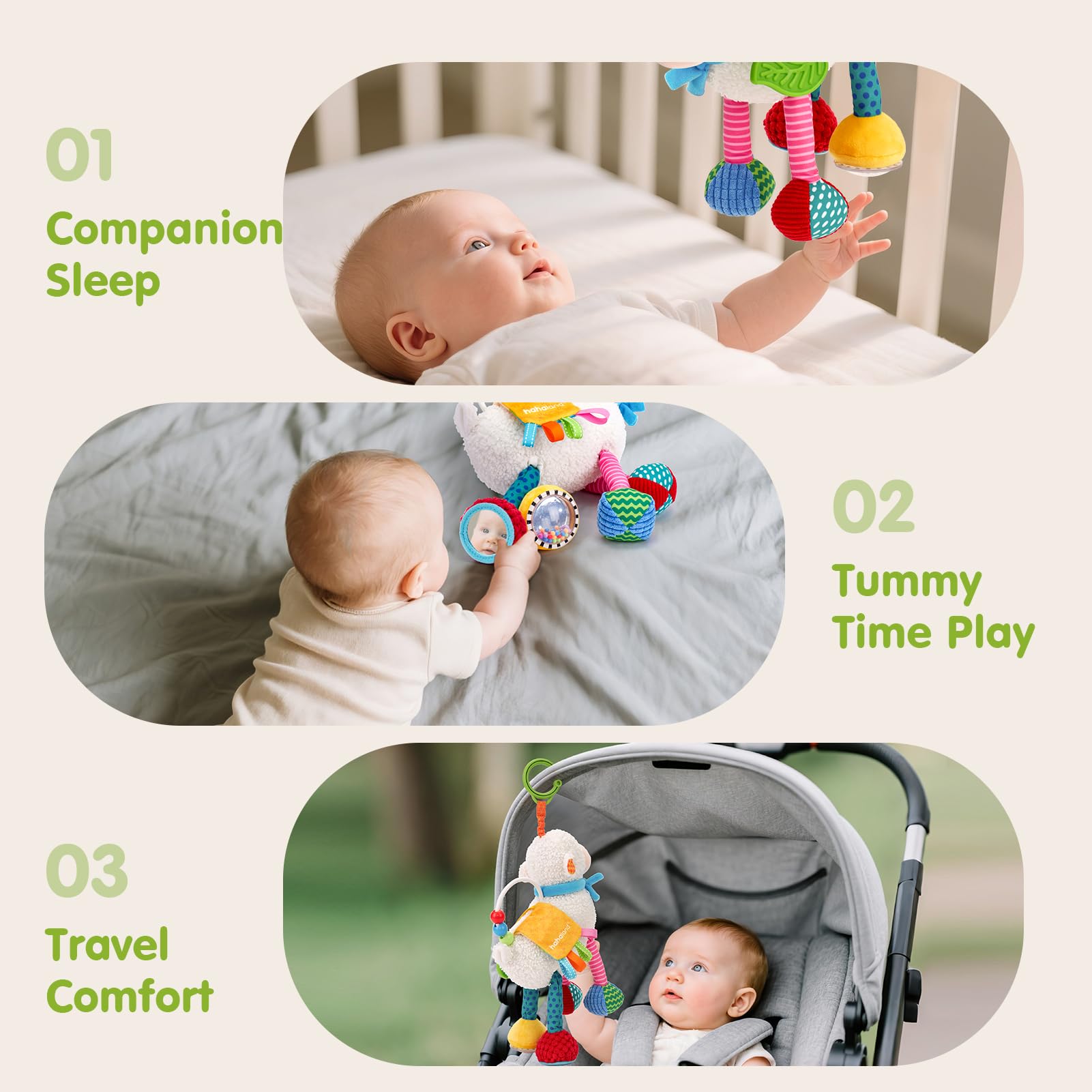 Hahaland universal hanging ring enables easy attachment to crib or stroller.