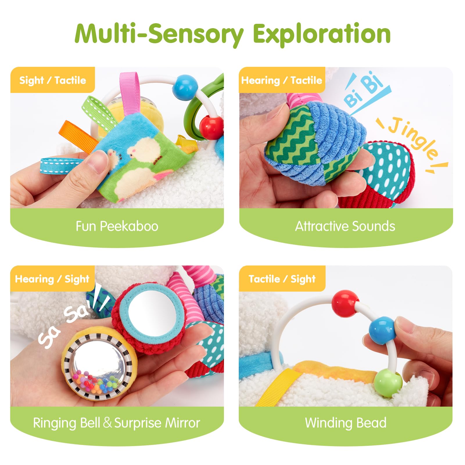 Hahaland sensory sheep rattle sounds stimulate auditory awareness for curious infants.