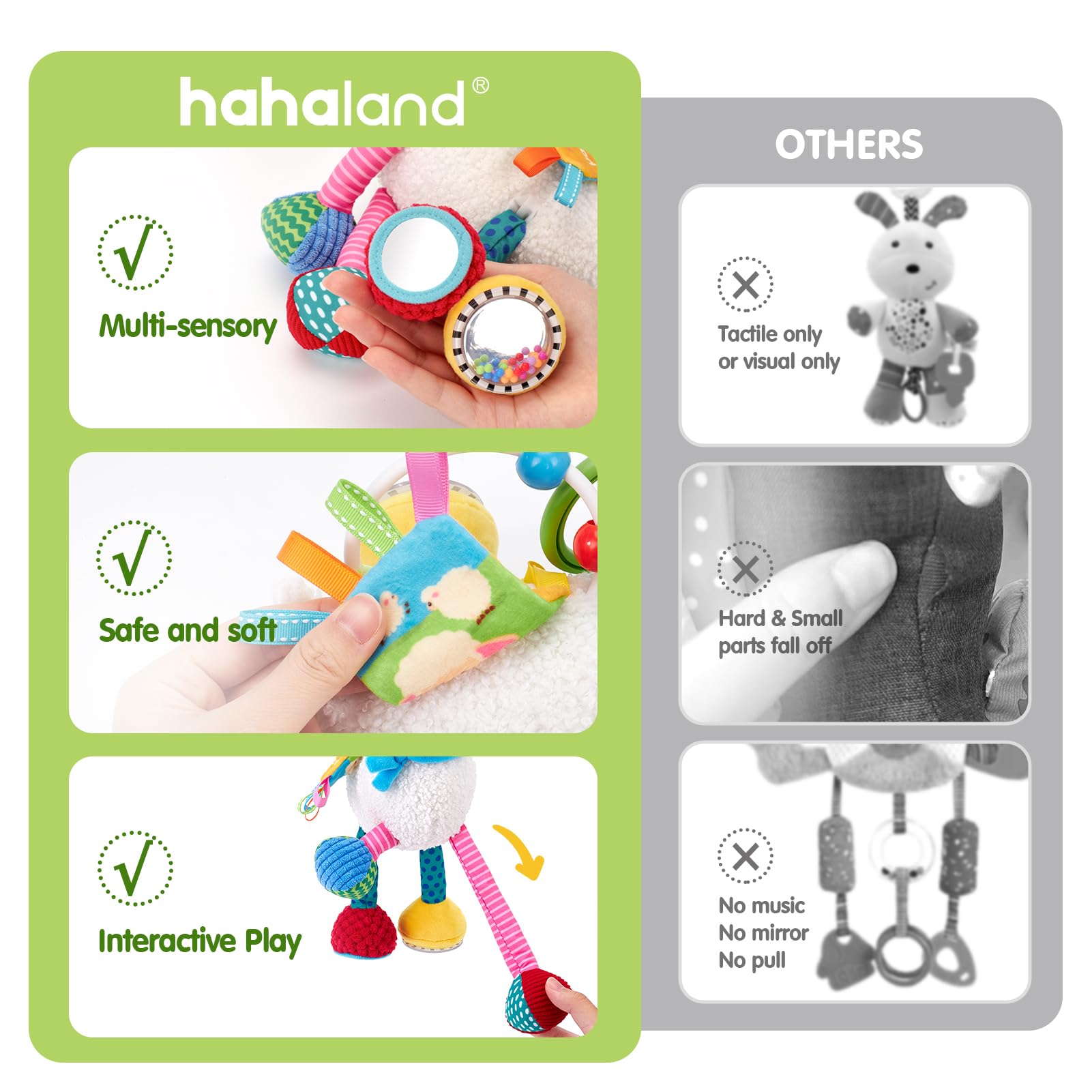 Hahaland tummy-time flap design encourages reaching during tummy time.