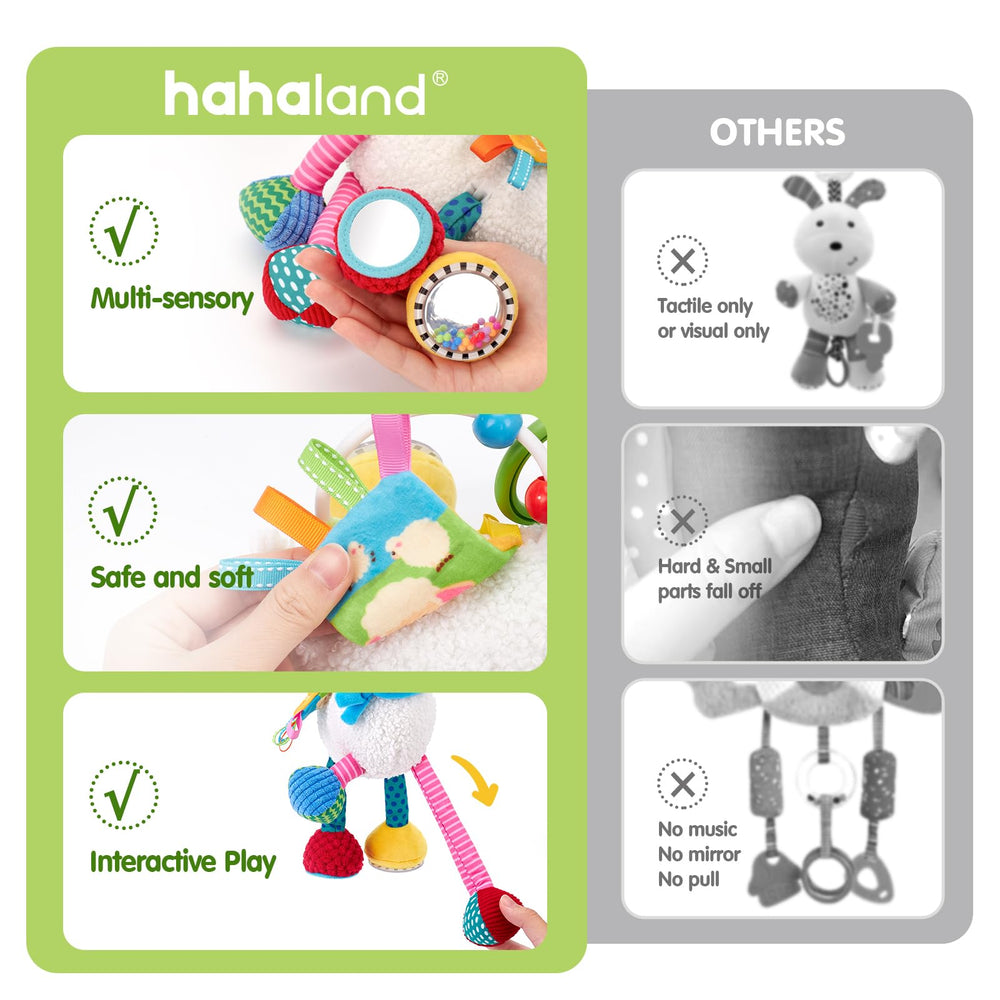 Hahaland tummy-time flap design encourages reaching during tummy time.