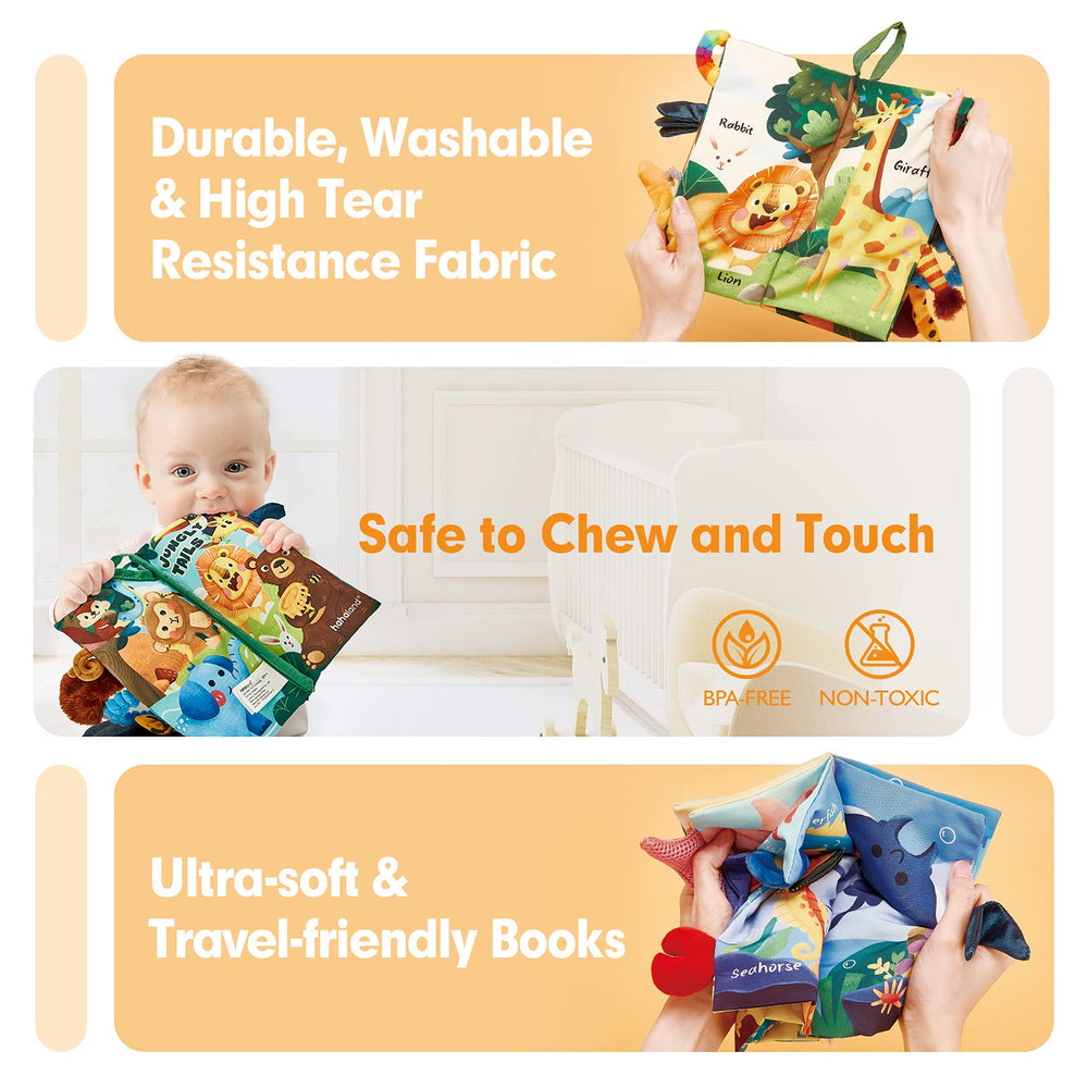 Hahaland crinkle pages with sounds and high-contrast colors promote visual and auditory engagement.