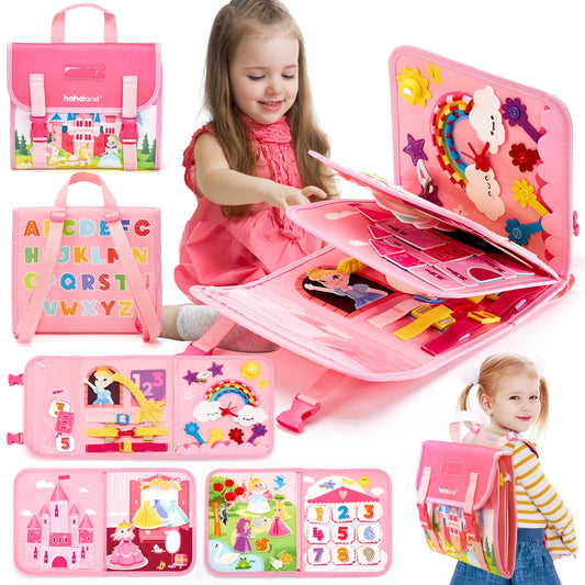 hahaland 17-in-1 Busy Backpack front view promotes fine motor skills during play.