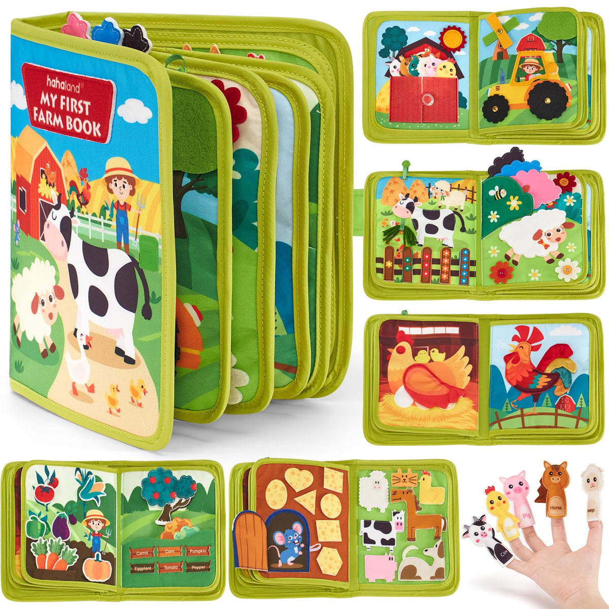 Hahaland Busy Board with 20 farm activities for hands-on learning.