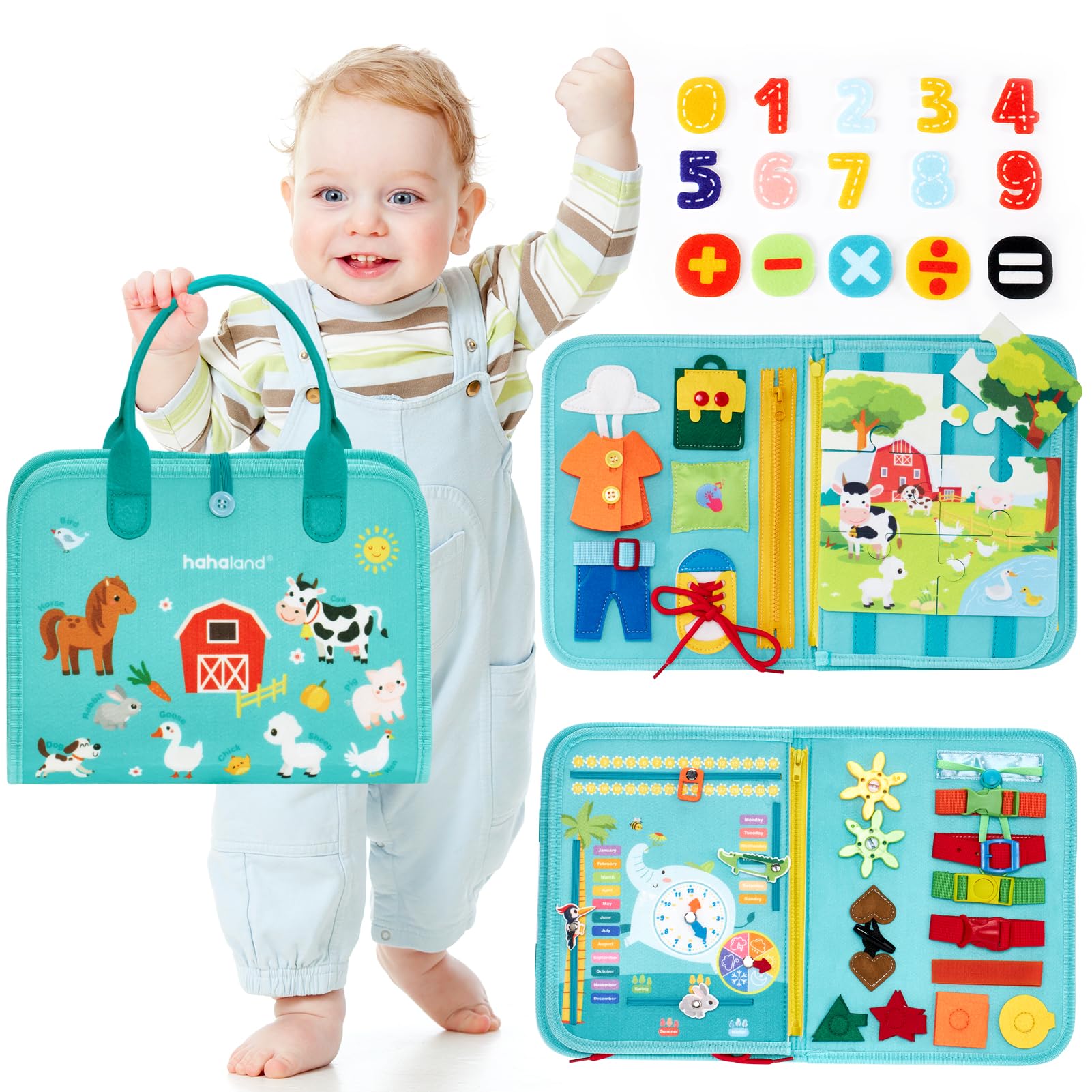 Hahaland Busy Board shows alphabet and numbers for early literacy on the go.