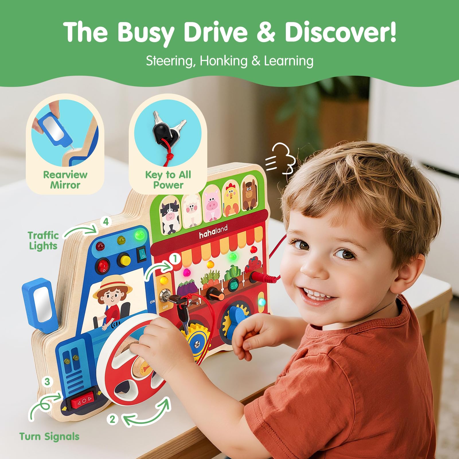 hahaland Busy Board animal sounds enhance auditory development during imaginative play