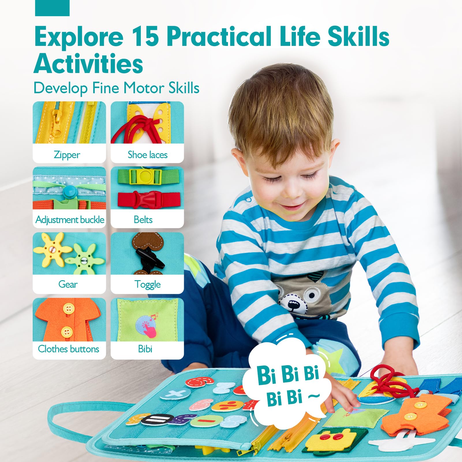 Hahaland Busy Board highlights buttoning and buckling for practical life practice.