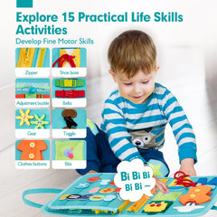 Hahaland Busy Board highlights buttoning and buckling for practical life practice.
