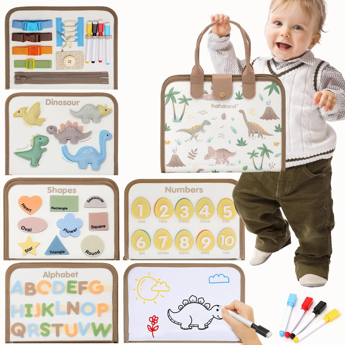 Hahaland Busy Board with dinosaur-theme engages toddlers and supports fine motor development.