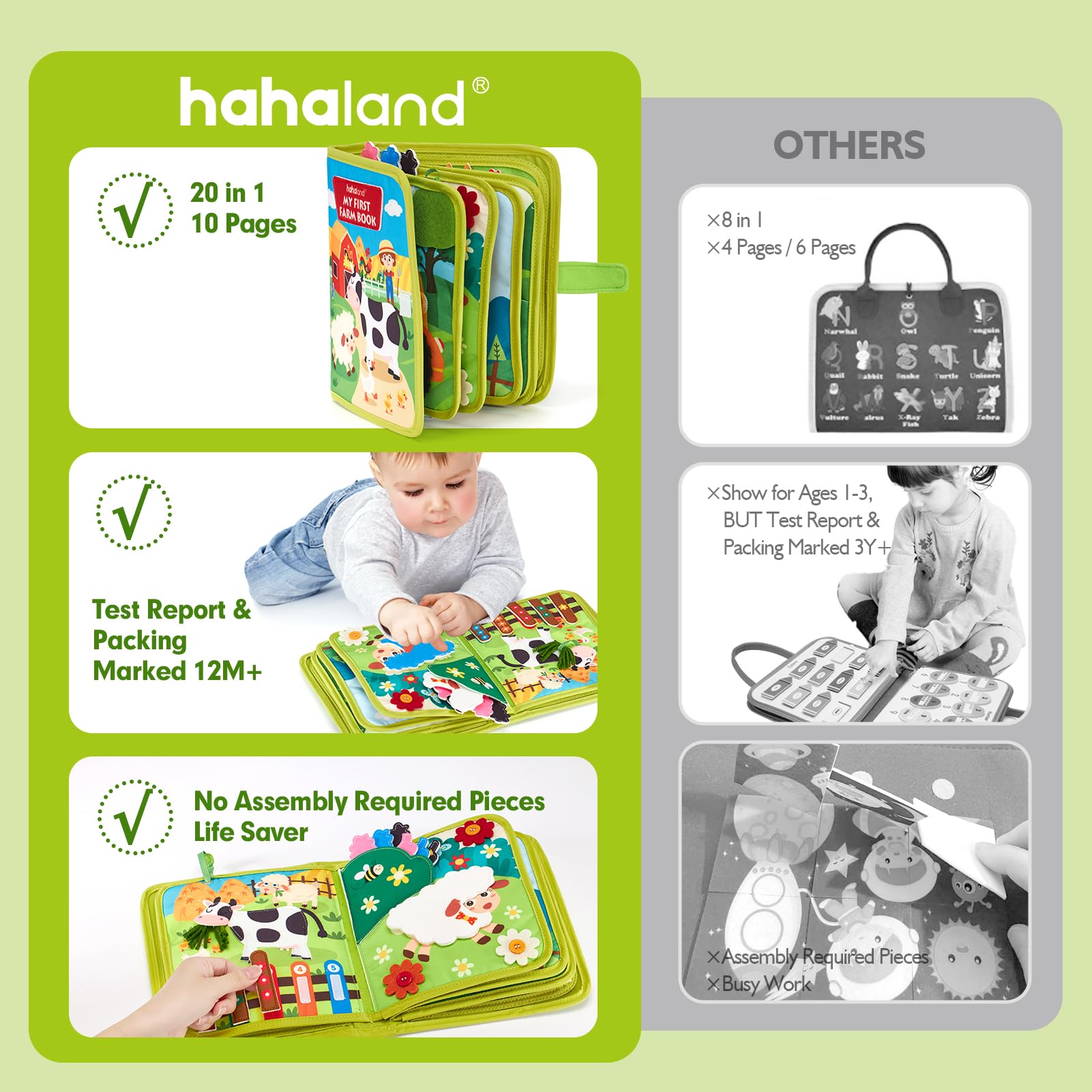 Hahaland Busy Board features lacing, Velcro, and buttons for practical life skills.