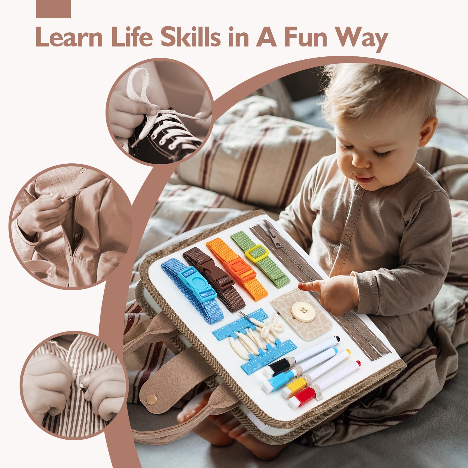 Hahaland Busy Board shapes section cultivates shape recognition and precise hand-eye coordination.