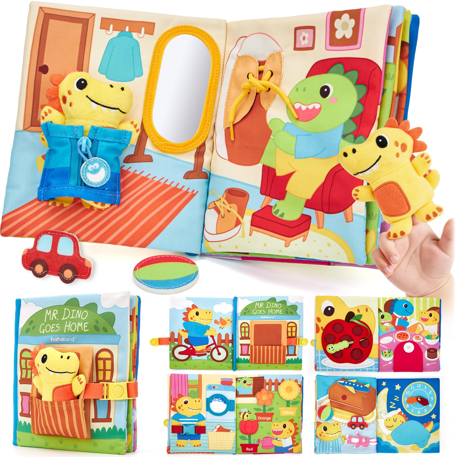 Hahaland Busy Book cover with dinosaur art promoting tactile exploration for toddlers