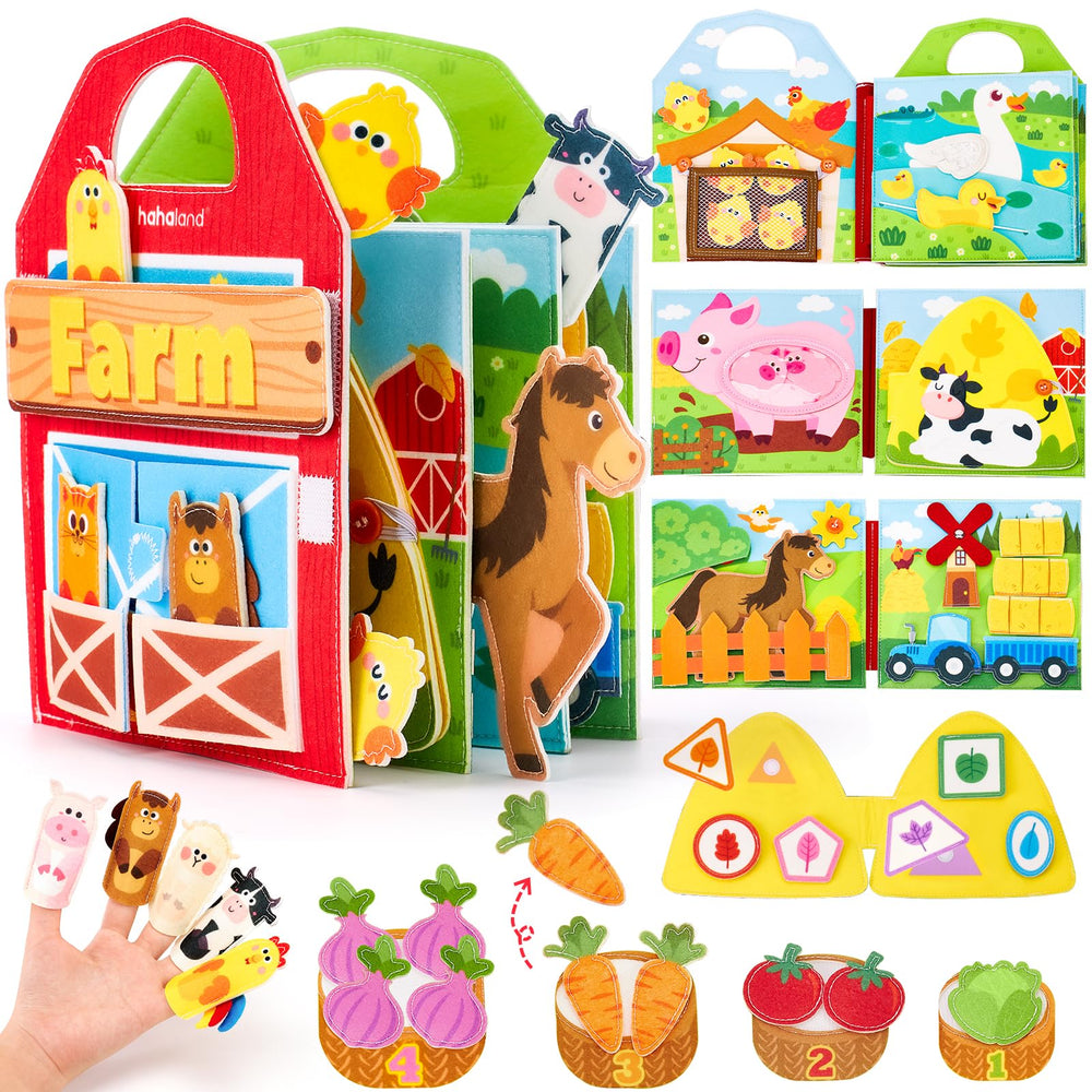 hahaland Busy Book cover featuring farm animals and bright colors for engaging early play