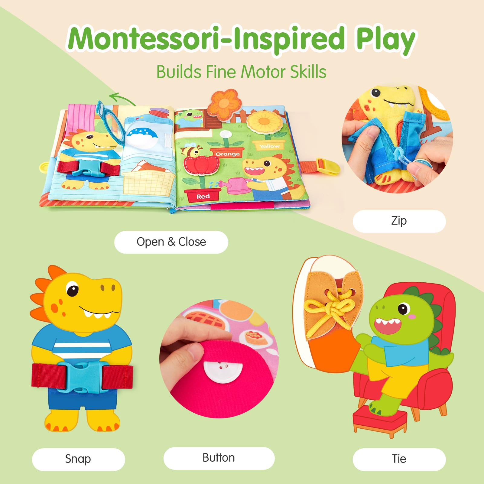 Hahaland Busy Book unbutton-door page showing fine motor practice