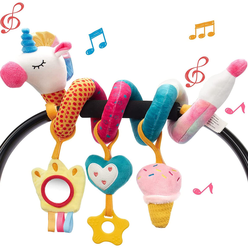 hahaland car-seat toy with unicorn spiral attachment for stroller use and secure fit